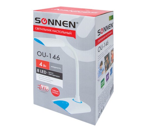 Настольная лампа / светильник SONNEN OU-146, на подставке, светодиодная, 4 Вт, белый/синий, 236671