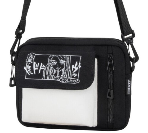 Сумка на плечо HEIKKI SELFIE (ХЕЙКИ) два кармана, черная/белая с принтом, 17х22х6 см, 272635