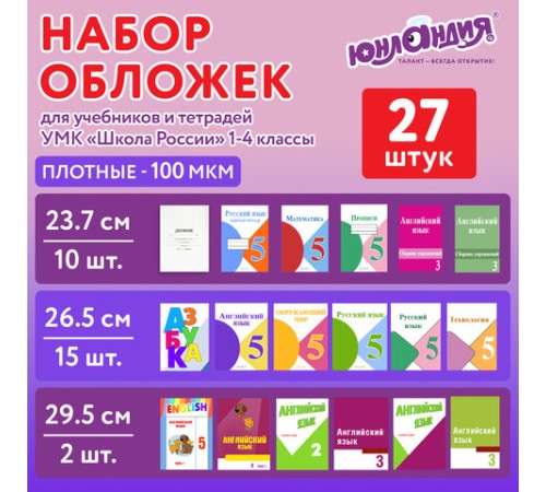 Обложки ПЭ для тетрадей и учебников, НАБОР 27 шт., ПЛОТНЫЕ, 100 мкм, универсальные, прозрачные, ЮНЛАНДИЯ, 272706