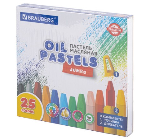 Пастель масляная восковые мелки утолщенные 25 цветов с точилкой и держателем, BRAUBERG PREMIUM, 272712