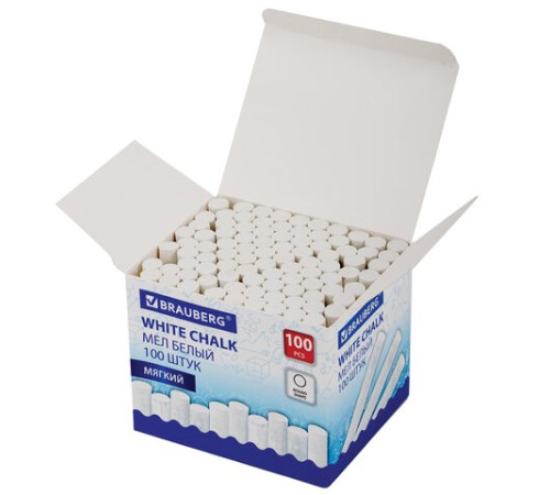 Мел белый круглый мягкий, 100 штук, BRAUBERG, картонная упаковка, 272768