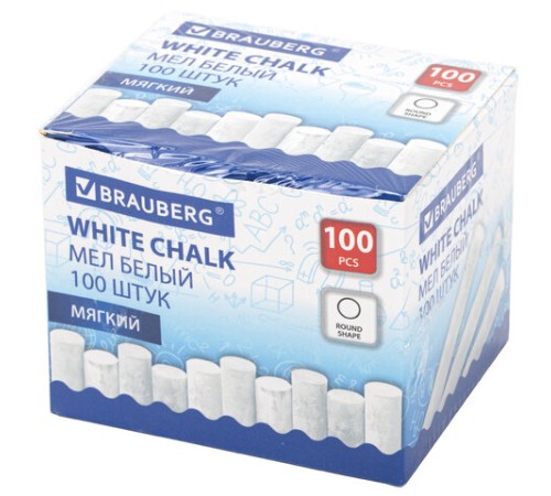 Мел белый круглый мягкий, 100 штук, BRAUBERG, картонная упаковка, 272768