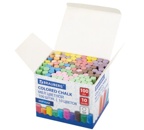 Мел цветной круглый мягкий 100 штук, 10 цветов, BRAUBERG, картонная упаковка, 272769