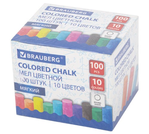 Мел цветной круглый мягкий 100 штук, 10 цветов, BRAUBERG, картонная упаковка, 272769