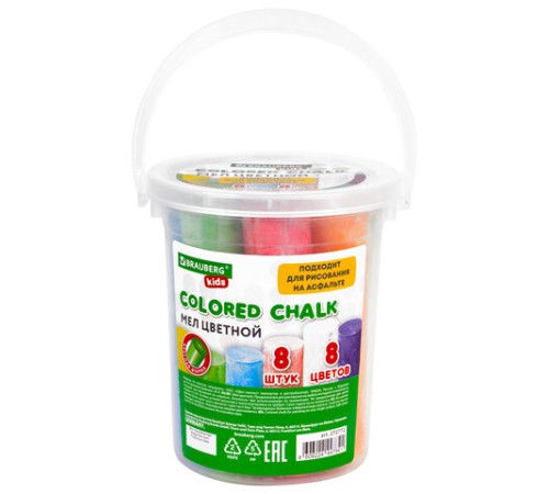 Мел в ведерке для рисования на асфальте 8 штук, цветной круглый, BRAUBERG KIDS, 272772
