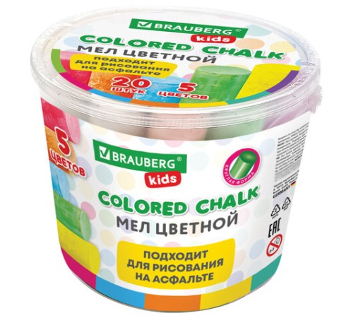 Мел в ведерке для рисования на асфальте 20 штук, 5 цветов, цветной круглый, BRAUBERG KIDS, 272773