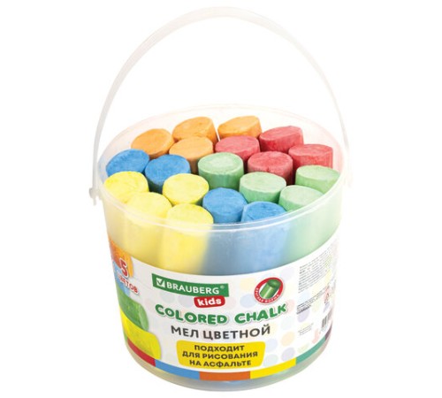 Мел в ведерке для рисования на асфальте 20 штук, 5 цветов, цветной круглый, BRAUBERG KIDS, 272773