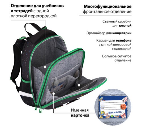 Ранец BRAUBERG PREMIUM, 2 отделения, с брелоком, 