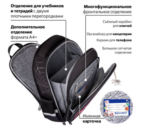 Ранец BRAUBERG QUADRO, 3 отделения, с брелком, Fire spider, 37х28х18 см, 273106