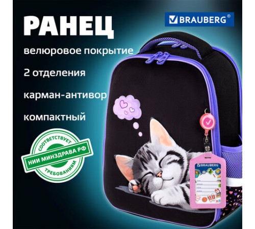 Ранец BRAUBERG FIT, 2 отделения, Sleeping kitten, велюровая панель, 38х27х14 см, 273107