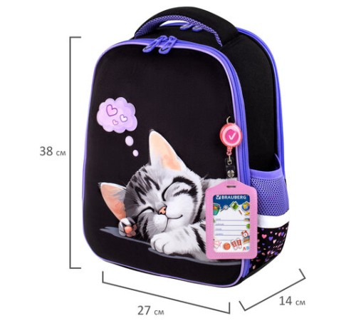 Ранец BRAUBERG FIT, 2 отделения, Sleeping kitten, велюровая панель, 38х27х14 см, 273107