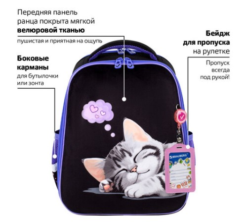 Ранец BRAUBERG FIT, 2 отделения, Sleeping kitten, велюровая панель, 38х27х14 см, 273107