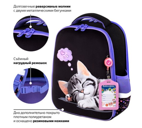 Ранец BRAUBERG FIT, 2 отделения, Sleeping kitten, велюровая панель, 38х27х14 см, 273107