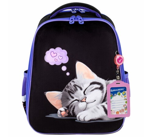 Ранец BRAUBERG FIT, 2 отделения, Sleeping kitten, велюровая панель, 38х27х14 см, 273107