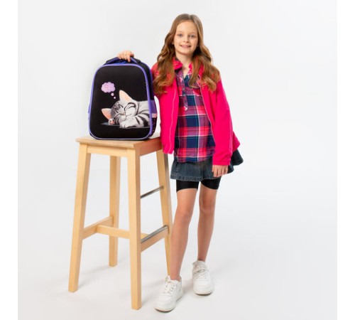 Ранец BRAUBERG FIT, 2 отделения, Sleeping kitten, велюровая панель, 38х27х14 см, 273107