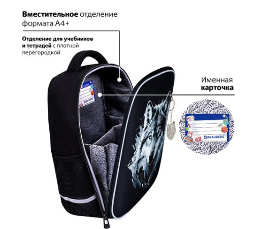Ранец BRAUBERG LIGHT, 1 отделение, с брелком, Gray wolf, 36х26х13 см, 273111