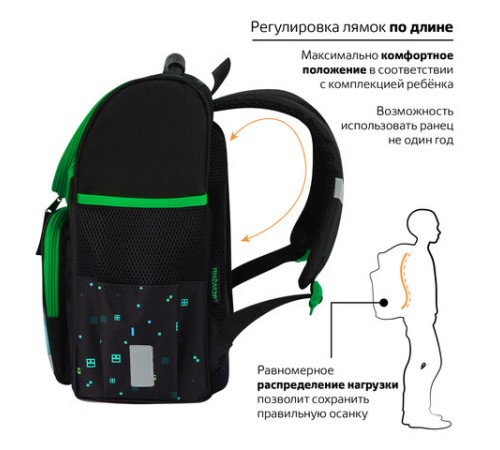 Ранец ПИФАГОР BASIC, 1 отделение, 3 кармана, эргономичная спинка, 