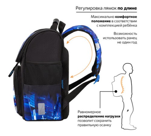 Ранец ПИФАГОР BASIC, 1 отделение, 3 кармана, эргономичная спинка, 