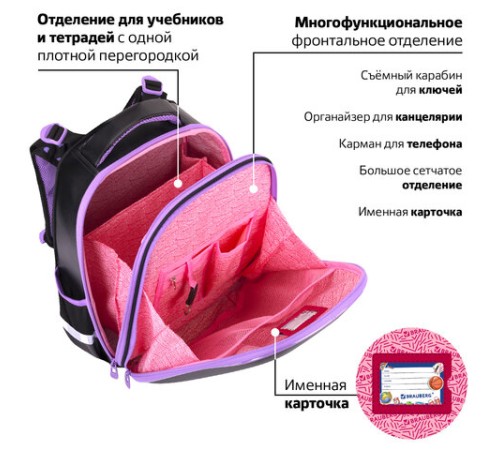 Ранец BRAUBERG SHINY, 2 отделения, с брелком, Pretty face, 38х28х14 см, 273142