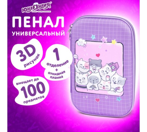 Пенал ЮНЛАНДИЯ большой, 1 отделение, 1 откидная планка, карман, полиэстер/EVA, 22х15х5 см, 