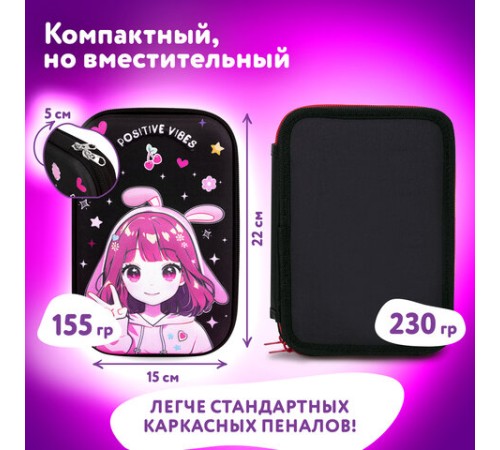 Пенал ЮНЛАНДИЯ большой, 1 отделение, 1 откидная планка, карман, полиэстер/EVA, 22х15х5 см, 