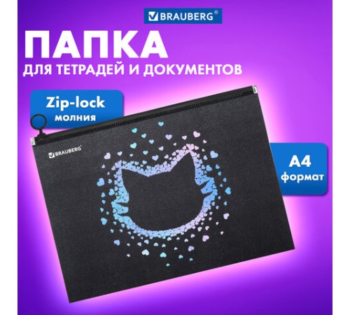 Папка для тетрадей BRAUBERG А4, 1 отделение, пластик, на zip-lock молнии, 