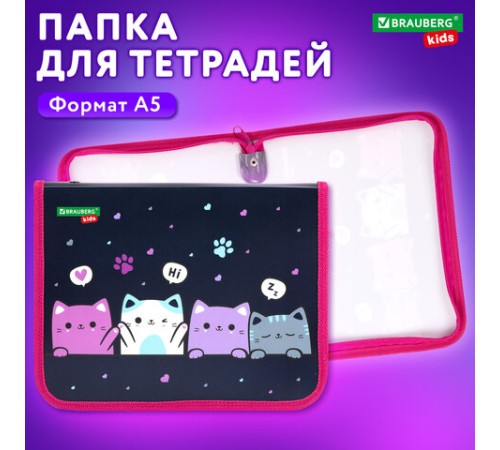Папка для тетрадей BRAUBERG KIDS А5, 1 отделение, пластик, молния вокруг, 