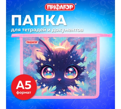 Папка для тетрадей ПИФАГОР А5, 1 отделение, пластик, на молнии, 