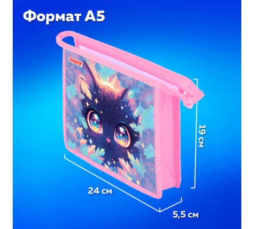 Папка для тетрадей ПИФАГОР А5, 1 отделение, пластик, на молнии, 