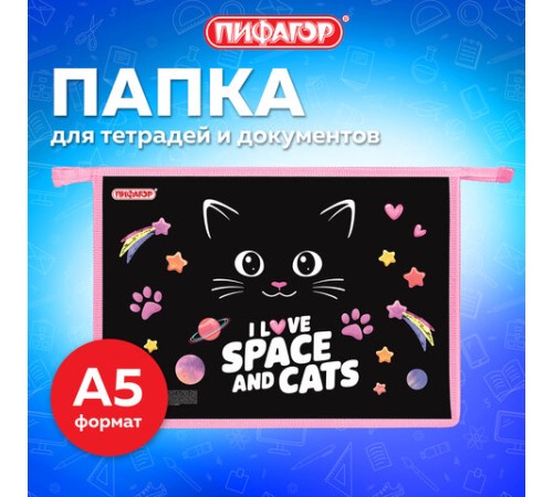 Папка для тетрадей ПИФАГОР А4, 1 отделение, картон/пластик, на молнии, 