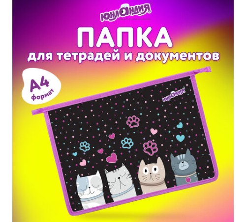 Папка для тетрадей ЮНЛАНДИЯ А4, 1 отделение, пластик, на молнии, 