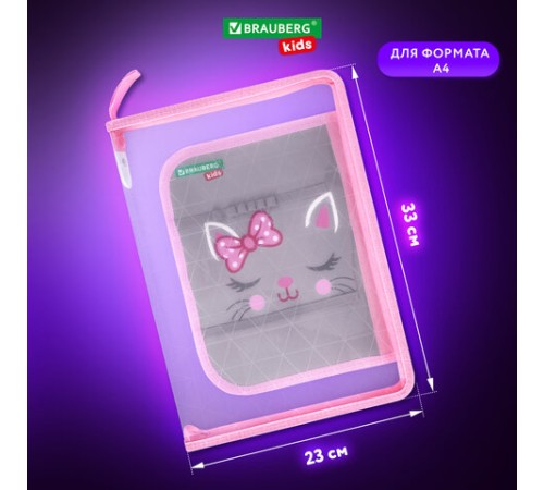 Папка для труда на молнии BRAUBERG KIDS А4, 1 отделение, прозрачная, органайзер, 