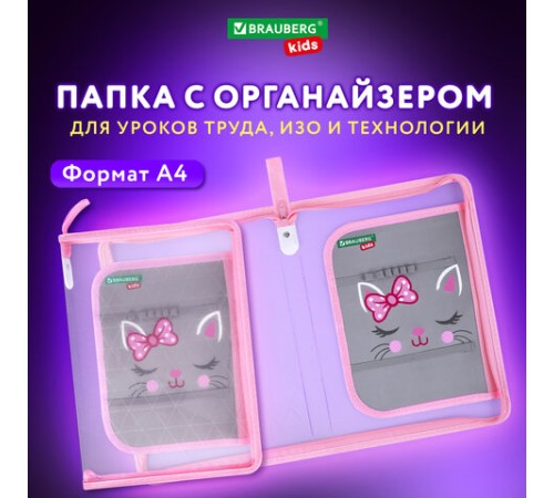 Папка для труда на молнии BRAUBERG KIDS А4, 1 отделение, прозрачная, органайзер, 