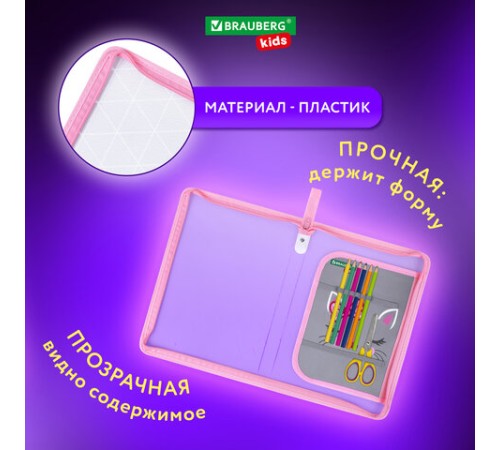 Папка для труда на молнии BRAUBERG KIDS А4, 1 отделение, прозрачная, органайзер, 