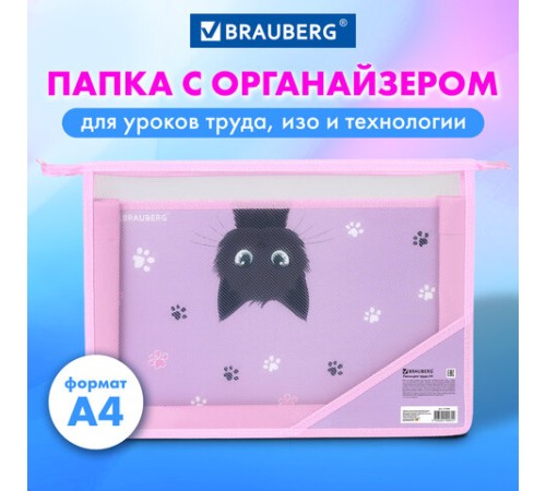 Папка для труда BRAUBERG А4, 2 отделения, пластик, молния сверху, органайзер, 