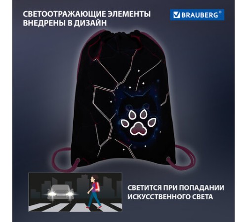 Мешок для обуви BRAUBERG PREMIUM, карман, подкладка, светоотражайка, 43х33 см, 