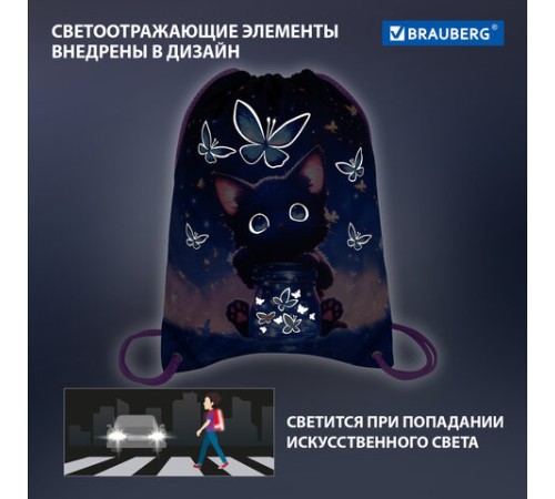 Мешок для обуви BRAUBERG PREMIUM, карман, подкладка, светоотражайка, 43х33 см, 