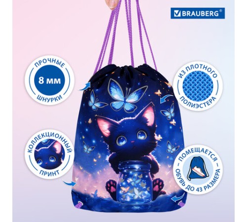 Мешок для обуви BRAUBERG PREMIUM, карман, подкладка, светоотражайка, 43х33 см, 