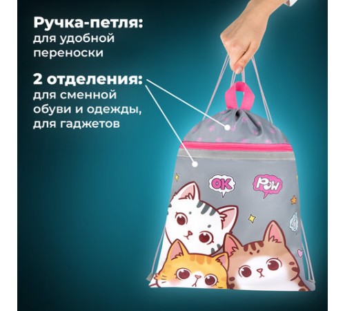 Мешок для обуви BRAUBERG, с петлей, светоотражающая полоса, 2 отделения, 46х36 см, 