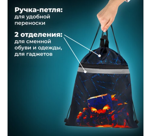 Мешок для обуви BRAUBERG, с петлей, светоотражающая полоса, 2 отделения, 46х36 см, 