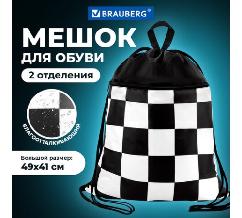 Мешок для обуви BRAUBERG БОЛЬШОЙ, с ручкой, карман на молнии, сетка, 49х41 см, 