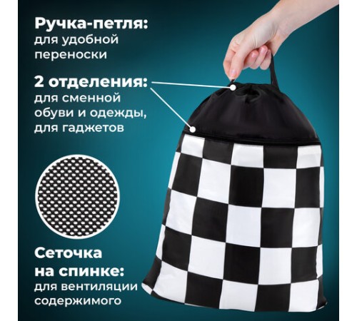 Мешок для обуви BRAUBERG БОЛЬШОЙ, с ручкой, карман на молнии, сетка, 49х41 см, 