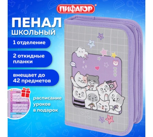 Пенал ПИФАГОР, 1 отделение, 2 откидные планки, полиэстер, 20х14 см, 