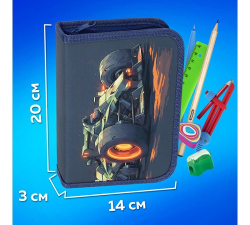 Пенал ПИФАГОР, 1 отделение, 2 откидные планки, полиэстер, 20х14 см, 