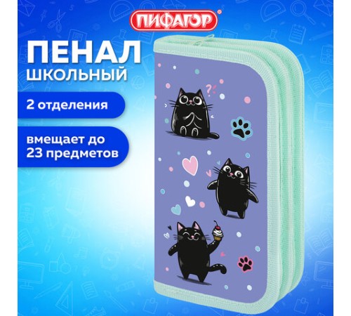 Пенал ПИФАГОР, 2 отделения, ламинированный картон, 19х11 см, 