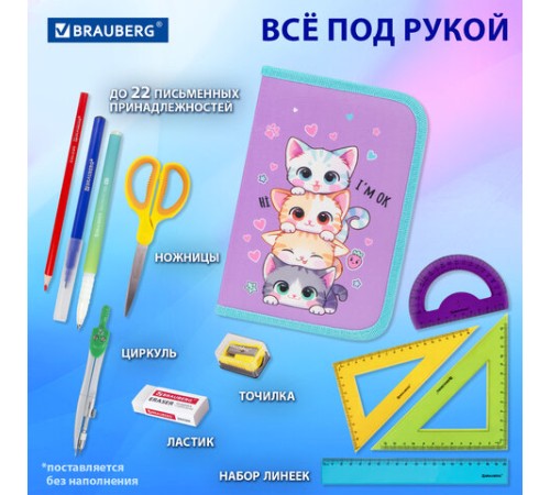 Пенал BRAUBERG, 1 отделение, 1 откидная планка, полиэстер, 21х14 см, 