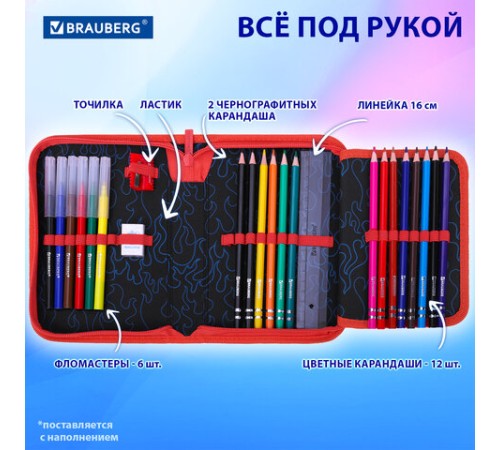 Пенал BRAUBERG с наполнением, 1 отделение, 1 откидная планка, 24 предмета, 21х14 см, 