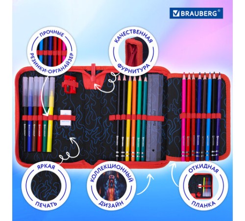 Пенал BRAUBERG с наполнением, 1 отделение, 1 откидная планка, 24 предмета, 21х14 см, 