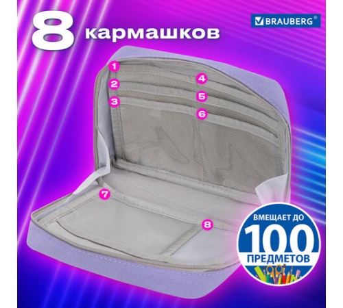 Пенал-органайзер BRAUBERG, 1 отделение, С НАКЛЕЙКАМИ, молния вокруг, канвас, 22x15х6 см, фиолетовый, 273594