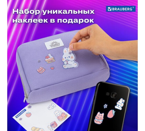 Пенал-органайзер BRAUBERG, 1 отделение, С НАКЛЕЙКАМИ, молния вокруг, канвас, 22x15х6 см, фиолетовый, 273594